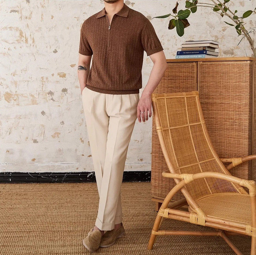 RIBBED HALF-ZIP LINEN-BLEND POLO