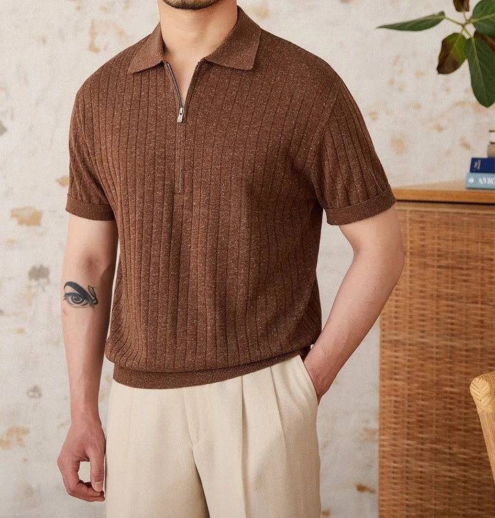 RIBBED HALF-ZIP LINEN-BLEND POLO