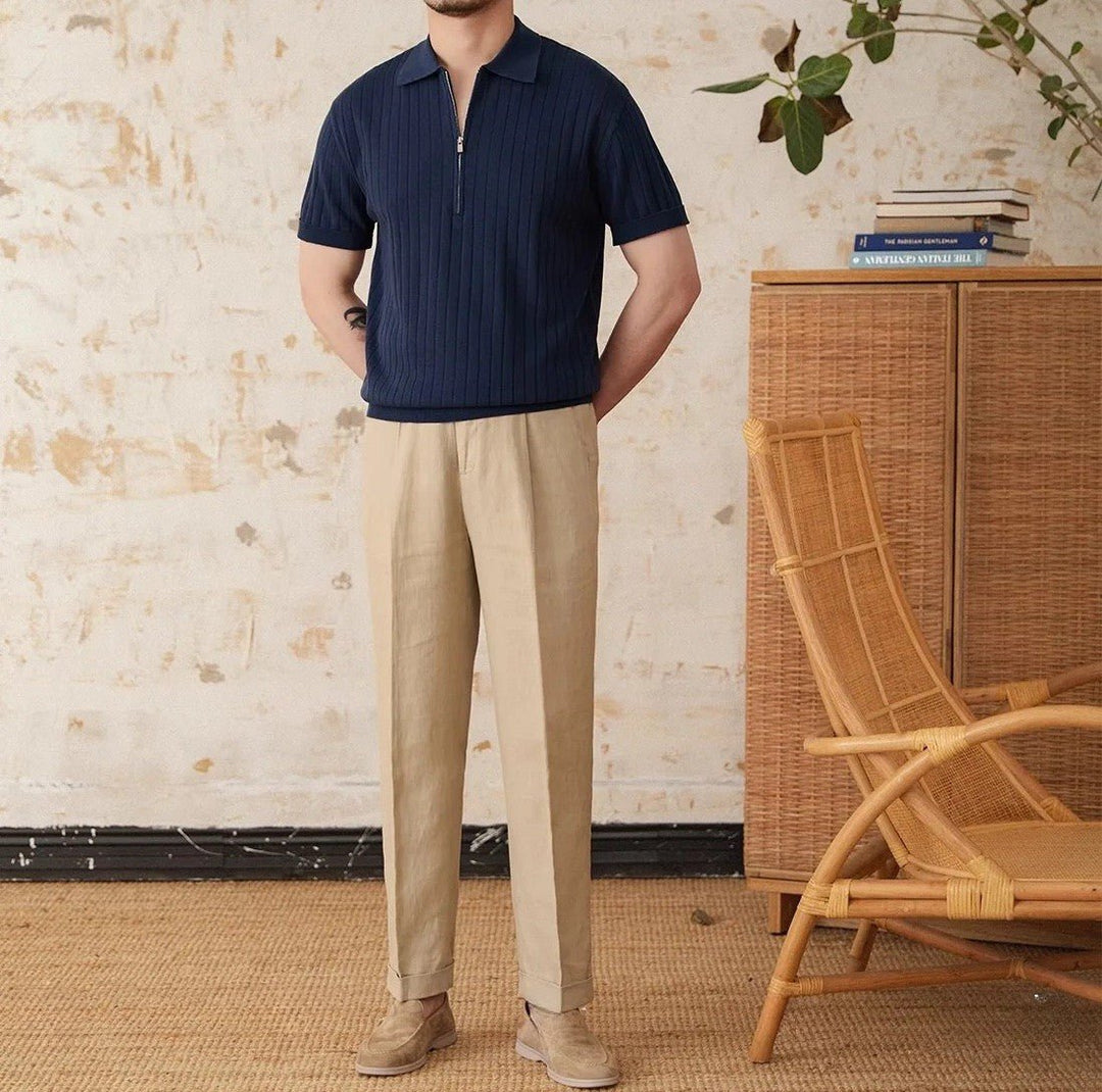 RIBBED HALF-ZIP LINEN-BLEND POLO