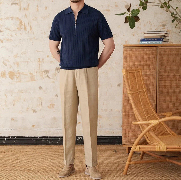 RIBBED HALF-ZIP LINEN-BLEND POLO