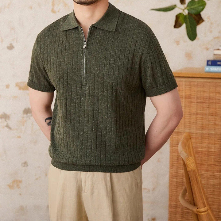 RIBBED HALF-ZIP LINEN-BLEND POLO
