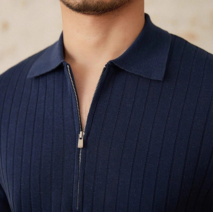 RIBBED HALF-ZIP LINEN-BLEND POLO