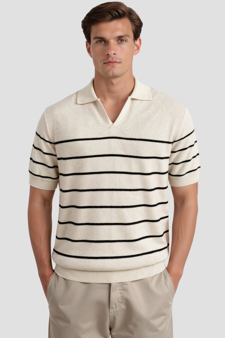 LINEAR KNIT OPEN-COLLAR POLO