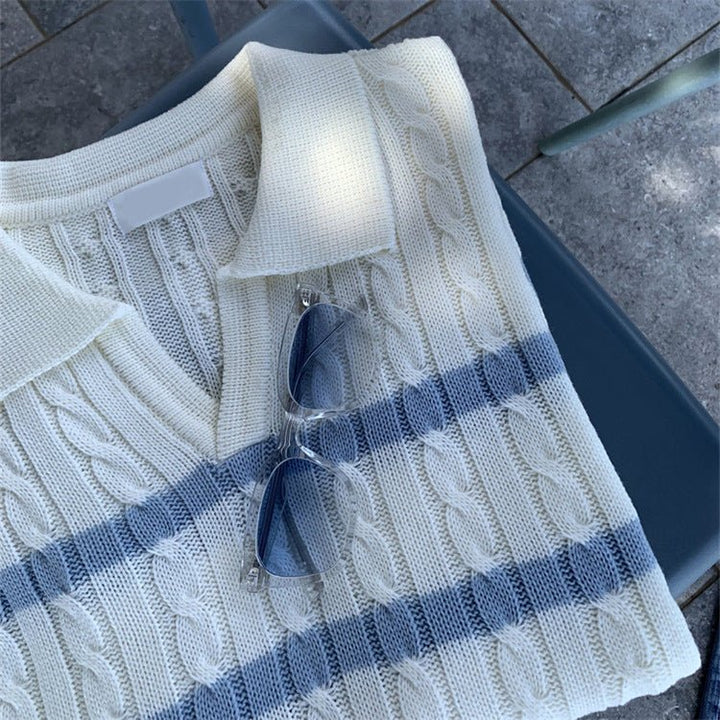 SILK-LINEN CABLE KNIT OPEN COLLAR POLO – RELAXED BOXY FIT