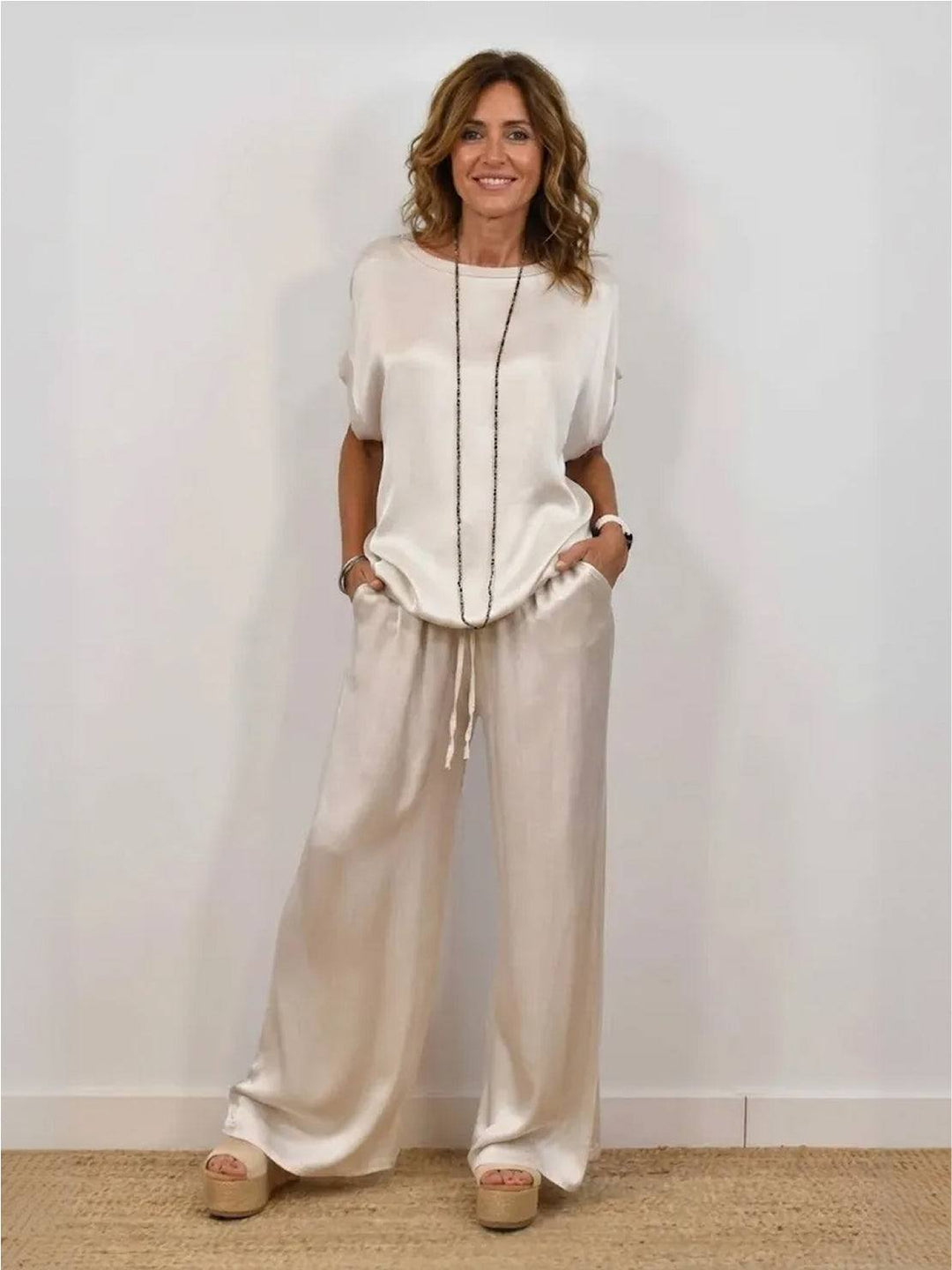 "Silken Escape" Satin Two-Piece Set white image 1 