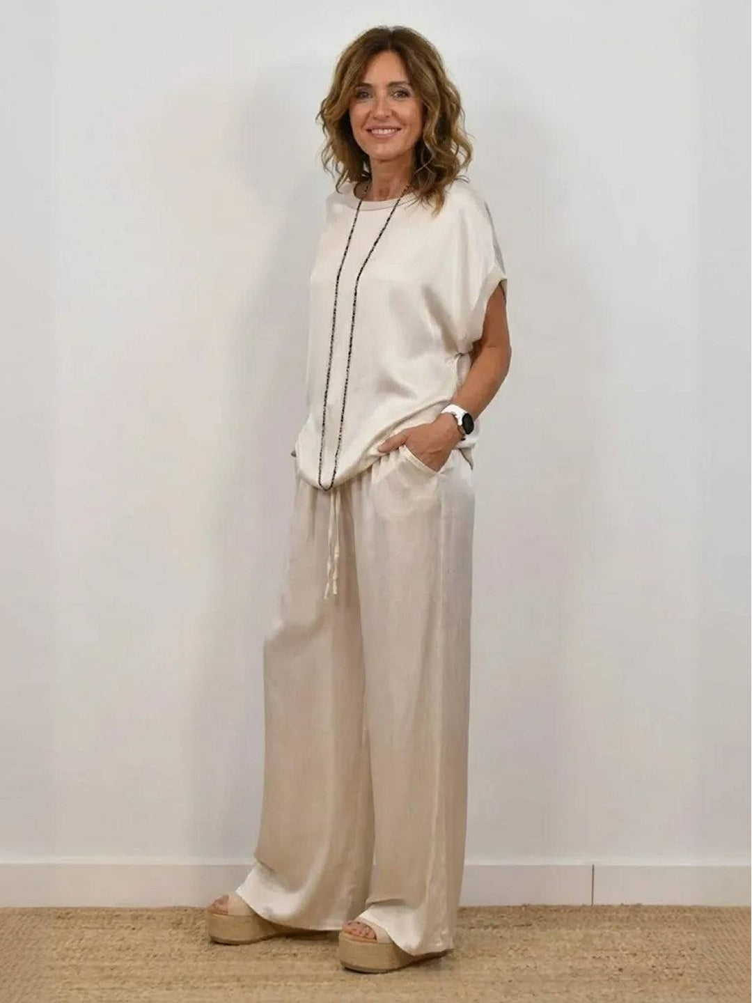 "Silken Escape" Satin Two-Piece Set white image 4 
