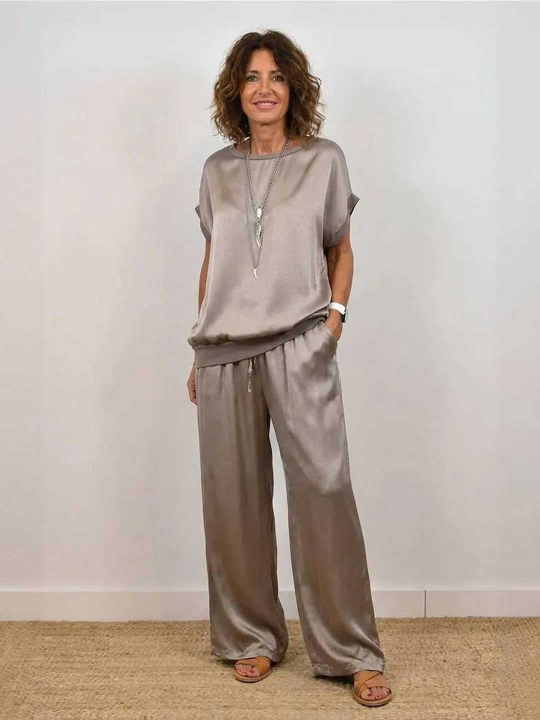 "Silken Escape" Satin Two-Piece Set taupe image 1 