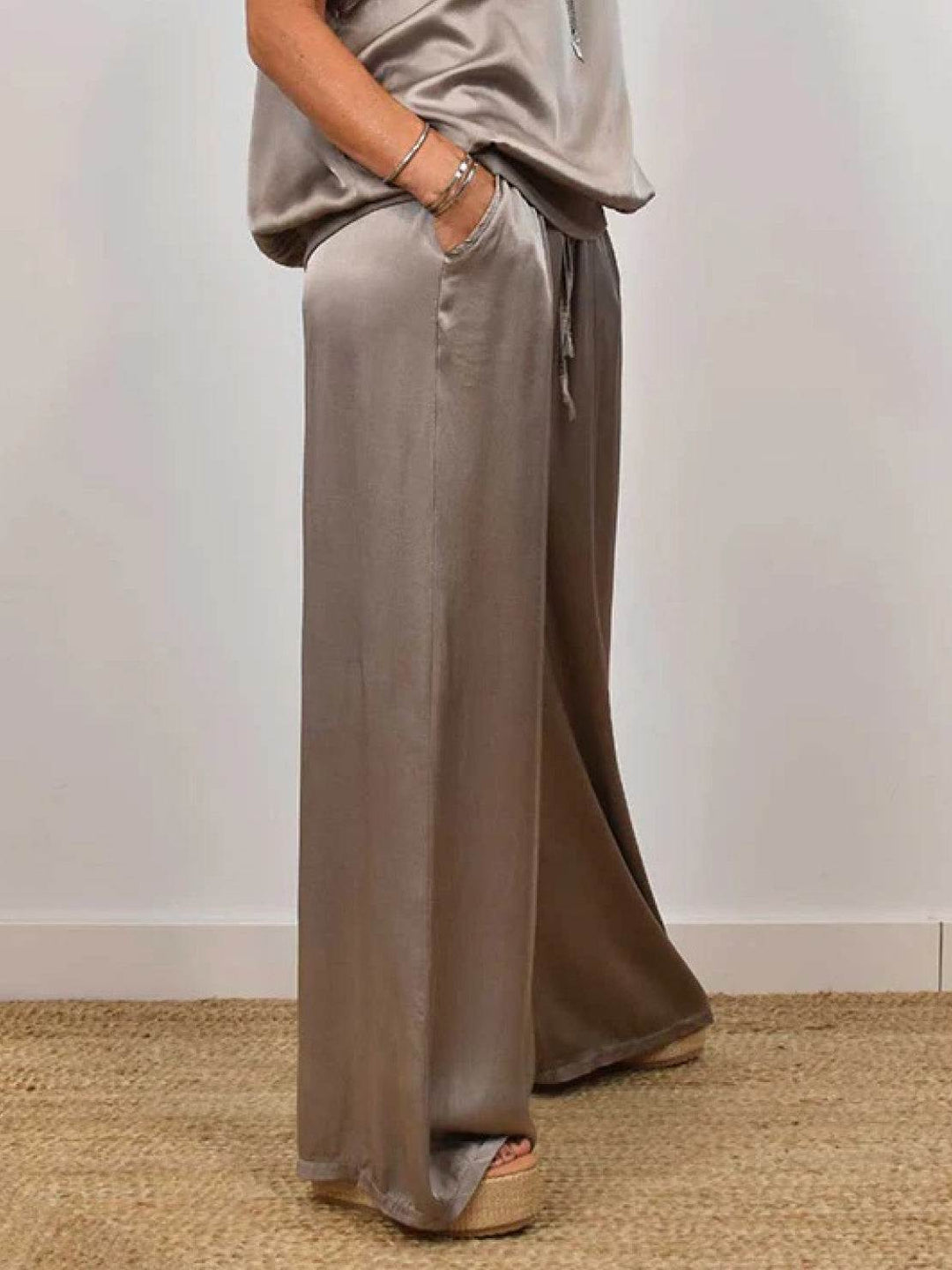 "Silken Escape" Satin Two-Piece Set taupe image 3 