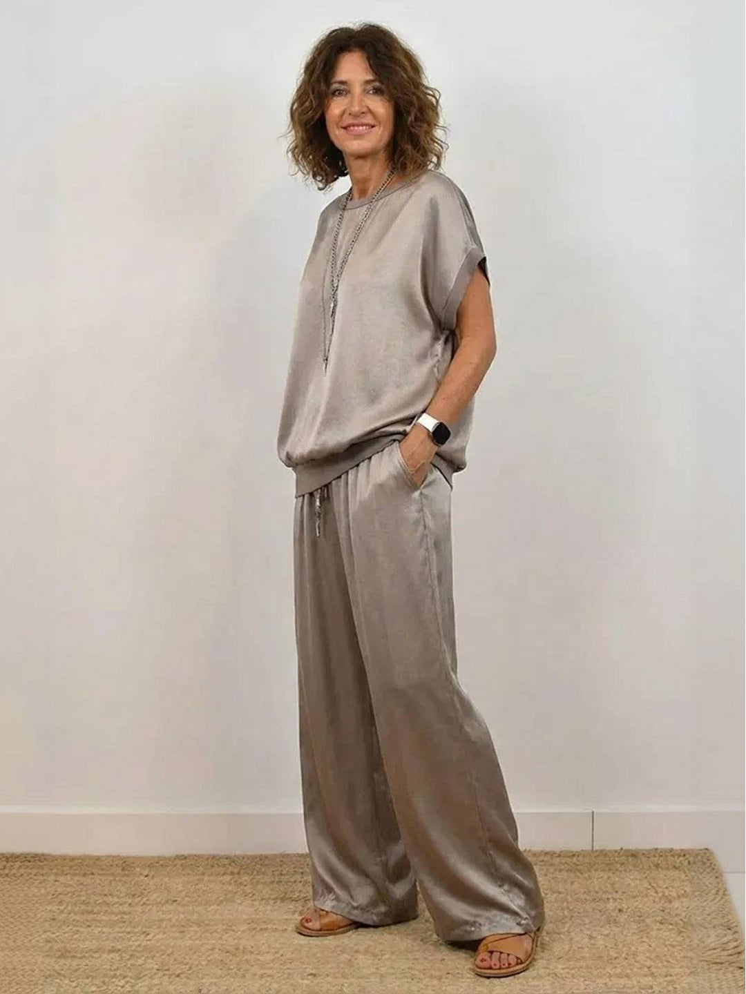 "Silken Escape" Satin Two-Piece Set taupe image 4 