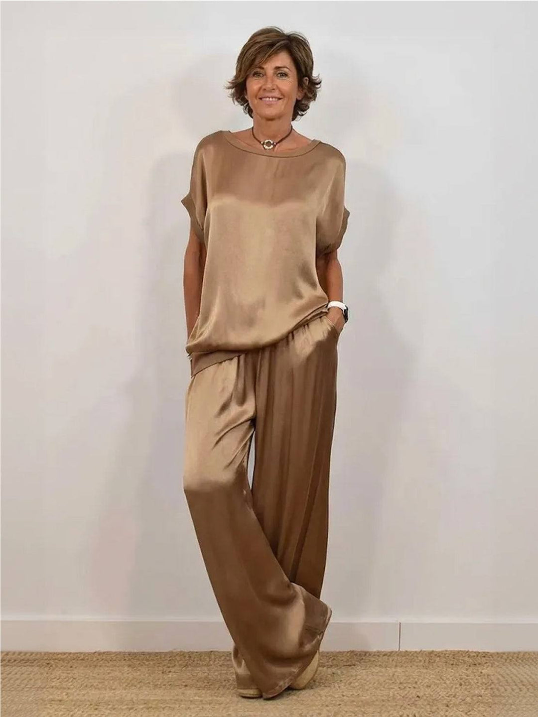 "Silken Escape" Satin Two-Piece Set brown image 1 