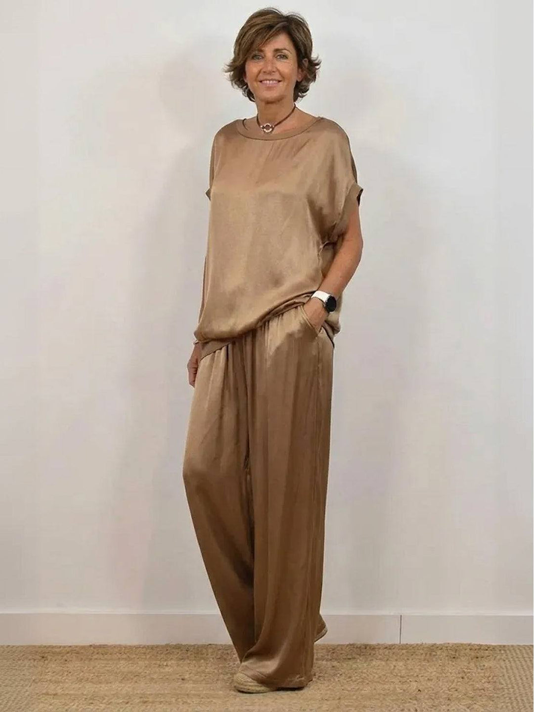 "Silken Escape" Satin Two-Piece Set brown image 4 