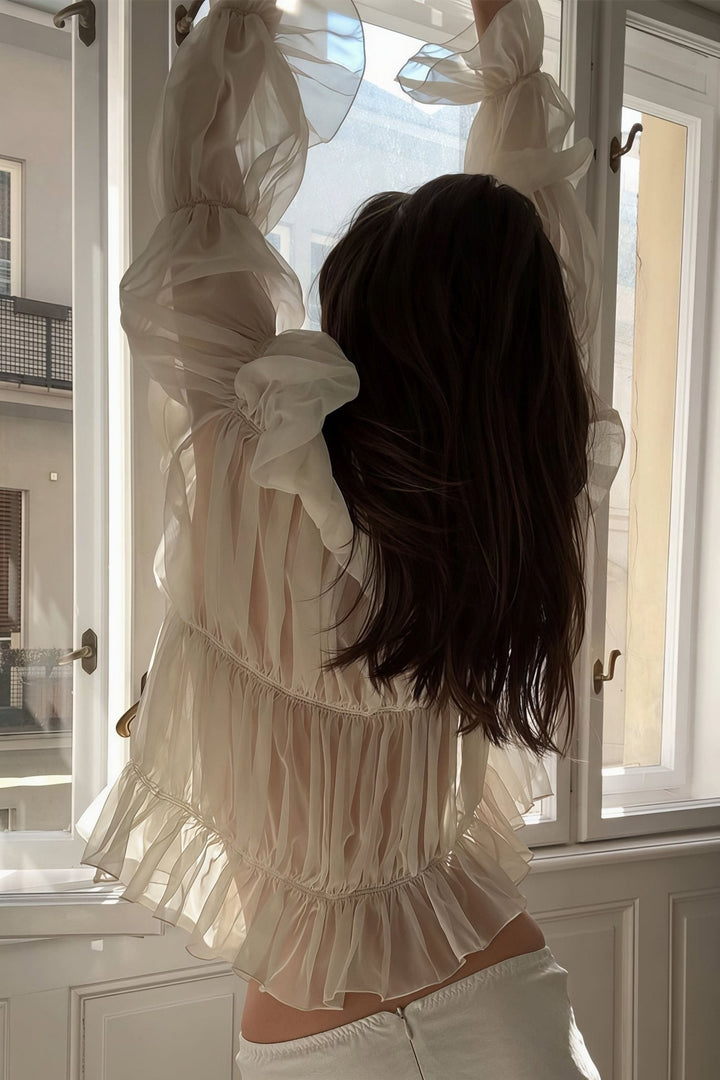 Ruched Ruffle Tie Blouse beige image 3 