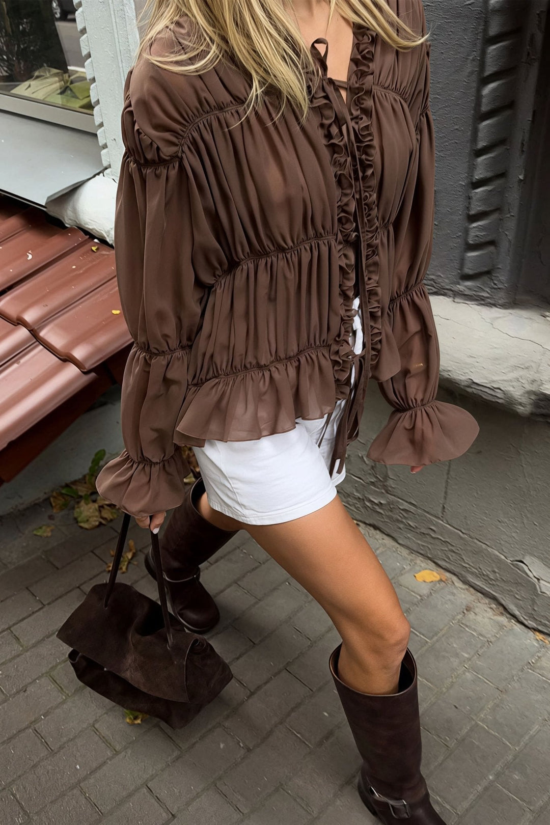 Ruched Ruffle Tie Blouse brown image 1 