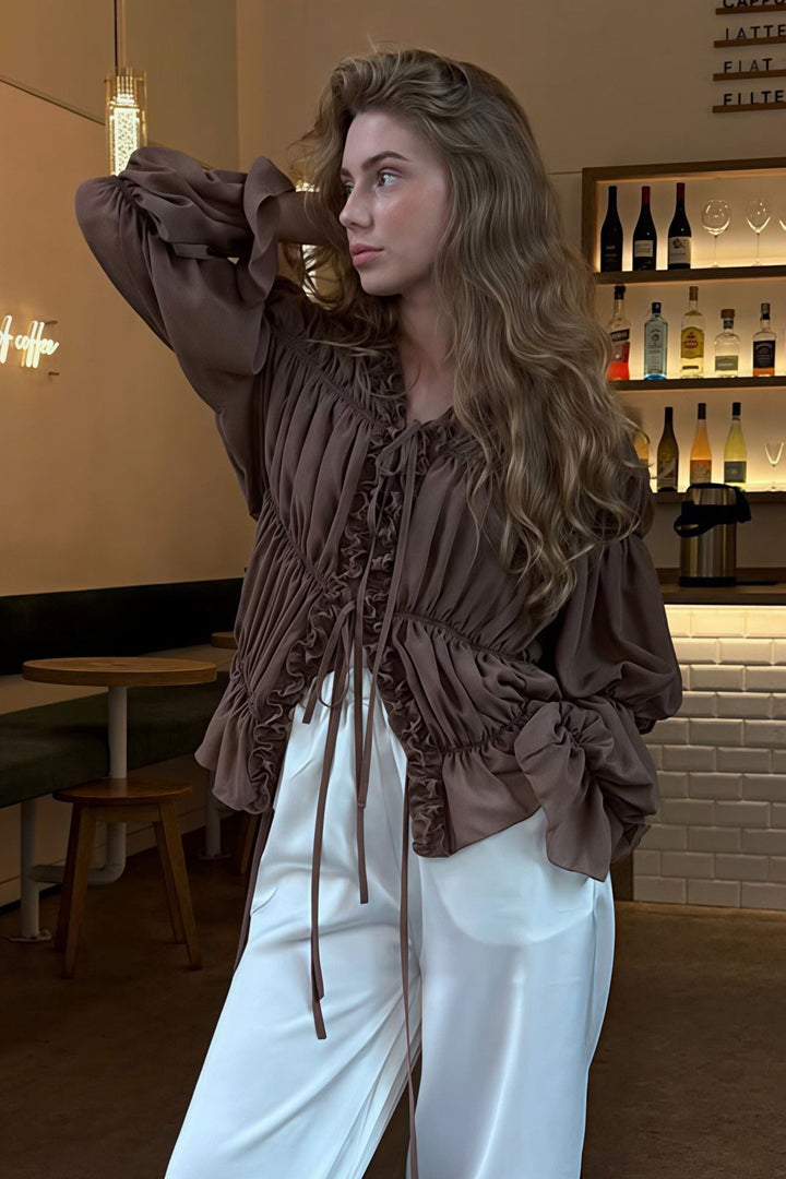 Ruched Ruffle Tie Blouse brown image 4 