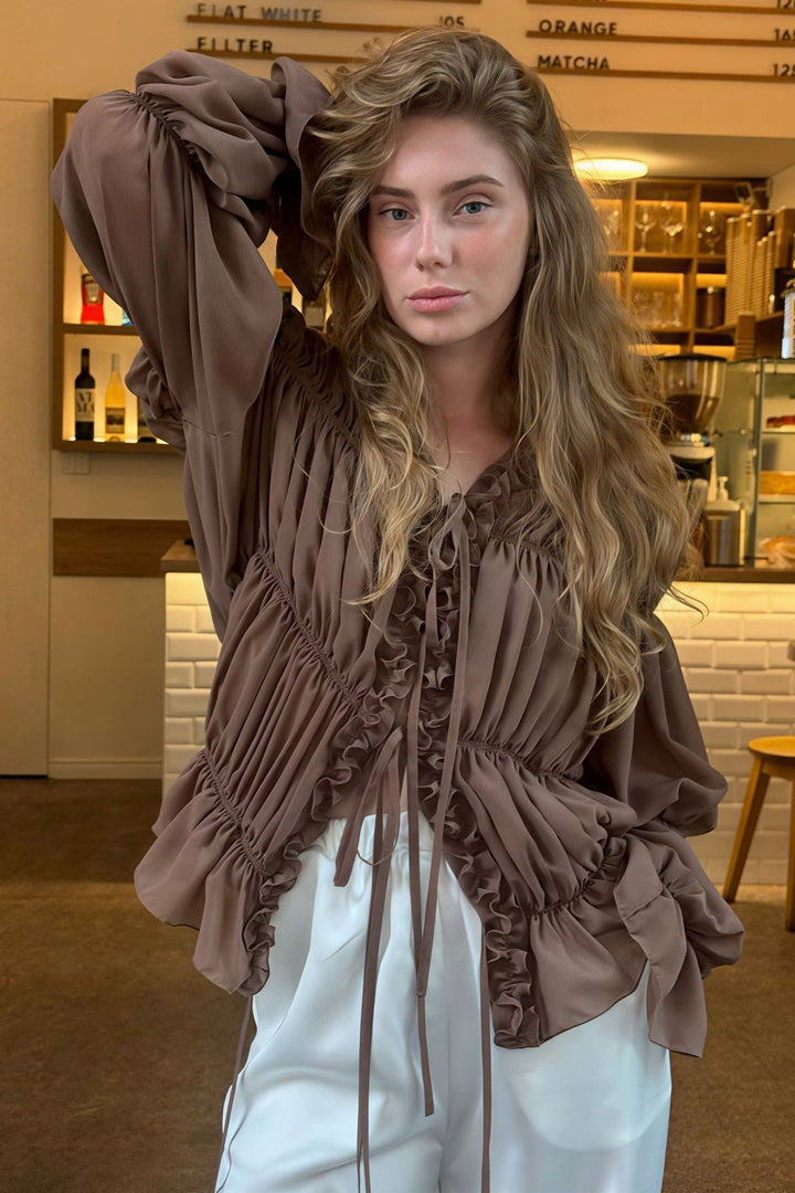Ruched Ruffle Tie Blouse brown image 3 