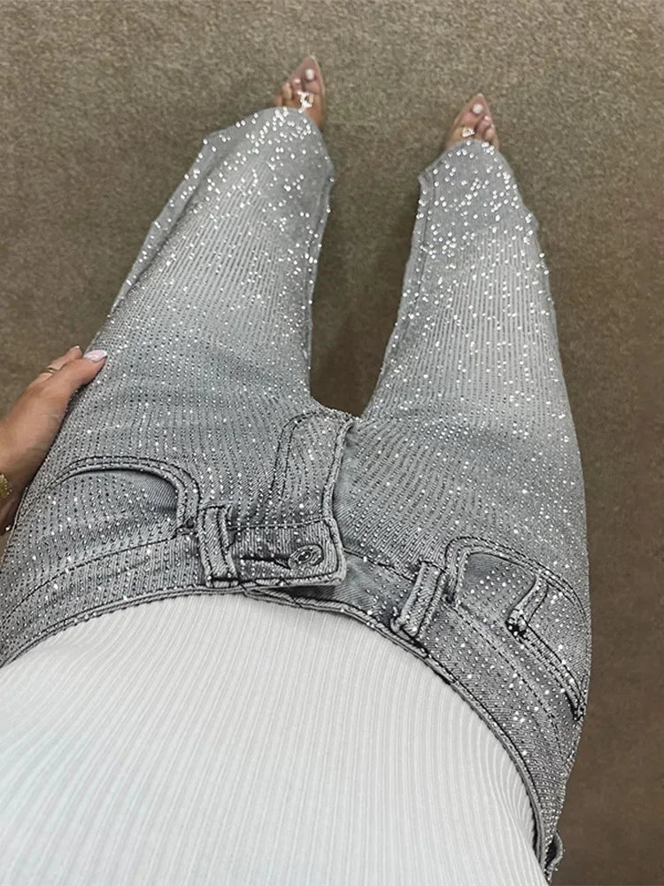 Wide Leg Denim Pants with Rhinestones denim blue image 5 