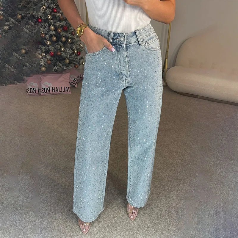 Wide Leg Denim Pants with Rhinestones denim blue image 2 