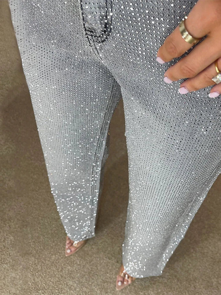 Wide Leg Denim Pants with Rhinestones denim blue image 4 