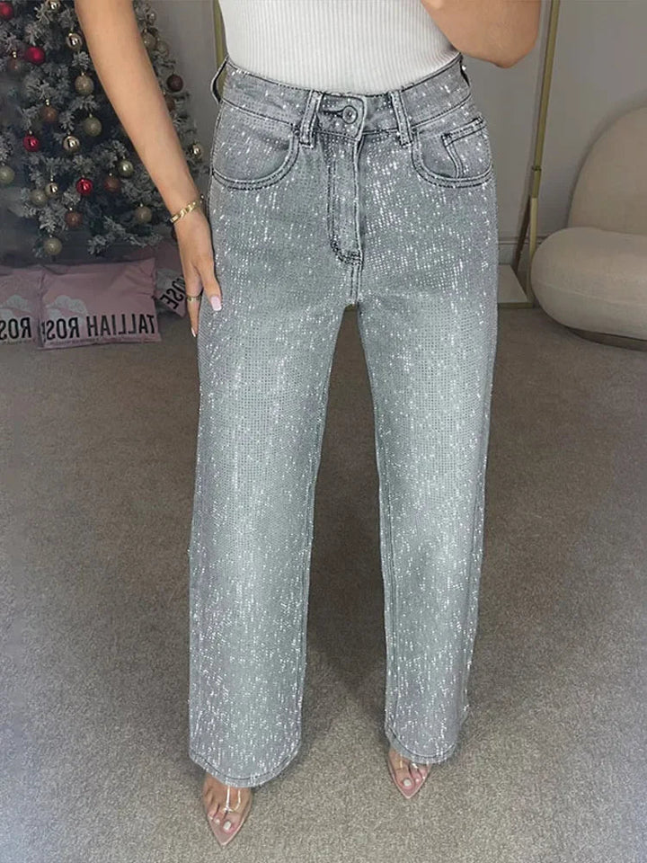 Wide Leg Denim Pants with Rhinestones denim blue image 3 