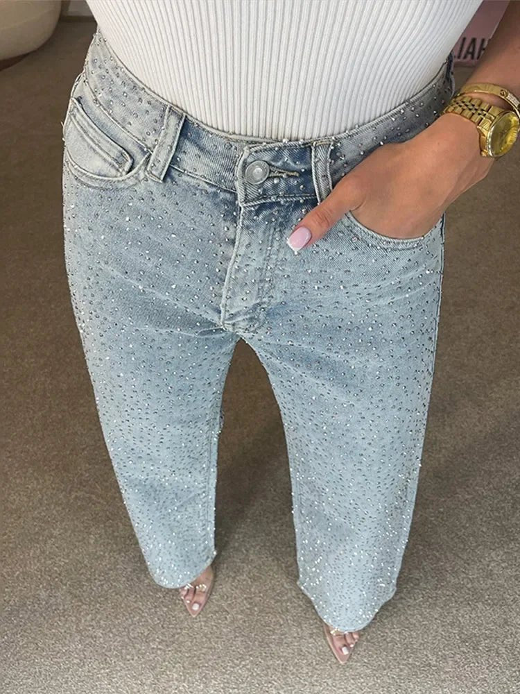 Wide Leg Denim Pants with Rhinestones denim blue image 1 