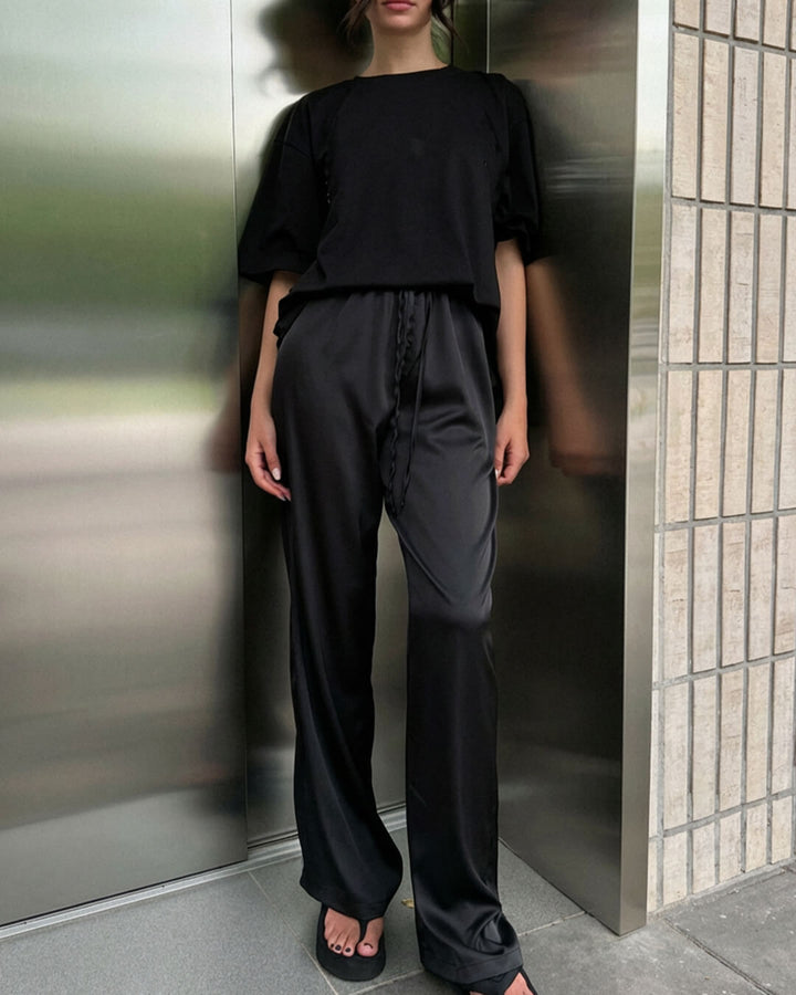 High Waist Satin Wide Leg Trousers black image 1 