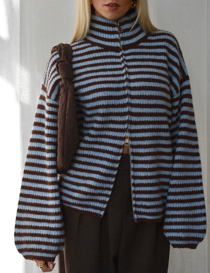 Striped Mock Neck Knit Cardigan blue image 1 