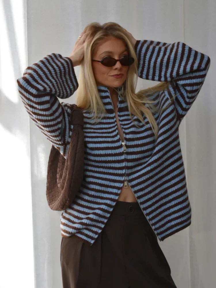 Striped Mock Neck Knit Cardigan blue image 3 