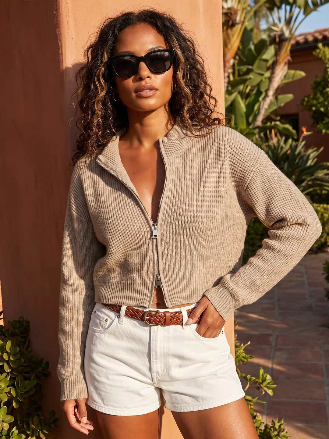 Double Zip Knit Cardigan light brown image 1 