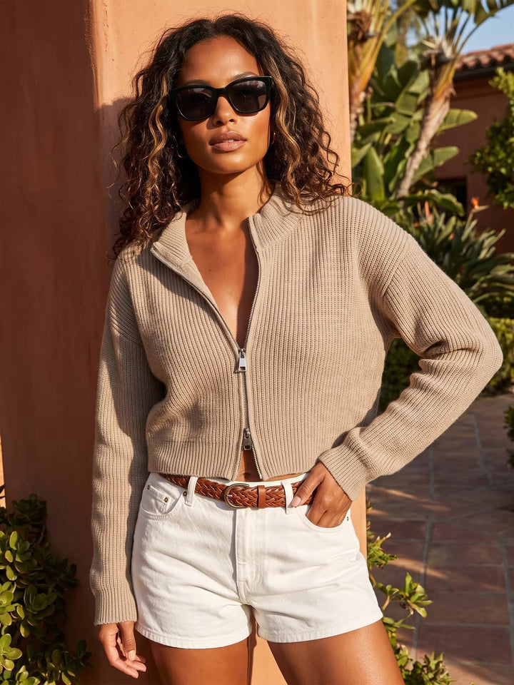 Double Zip Knit Cardigan light brown image 1 