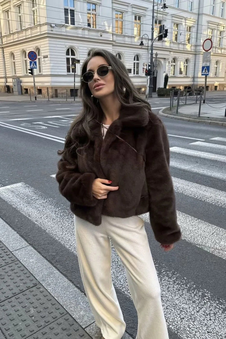 Short Faux Fur Collared Coat dark brown image 2 