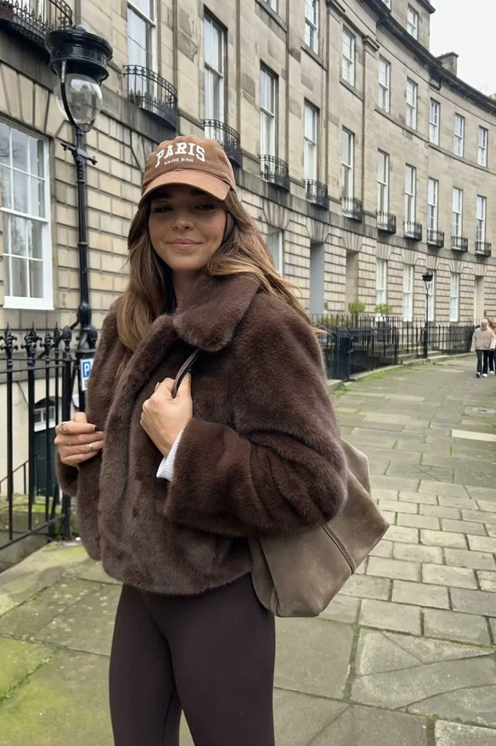 Short Faux Fur Collared Coat dark brown image 4 