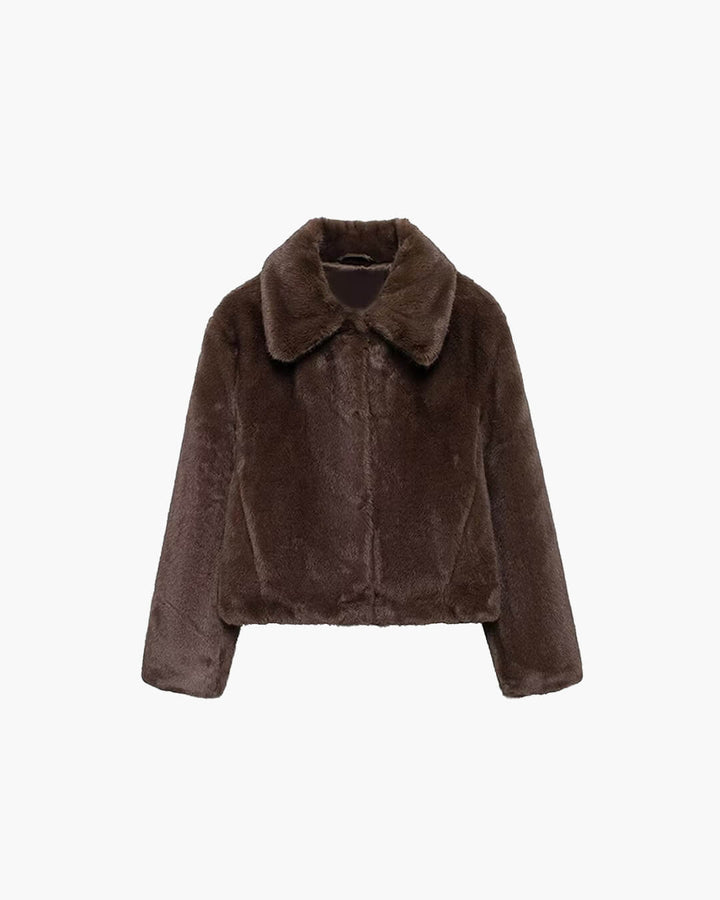 Short Faux Fur Collared Coat dark brown image 6 