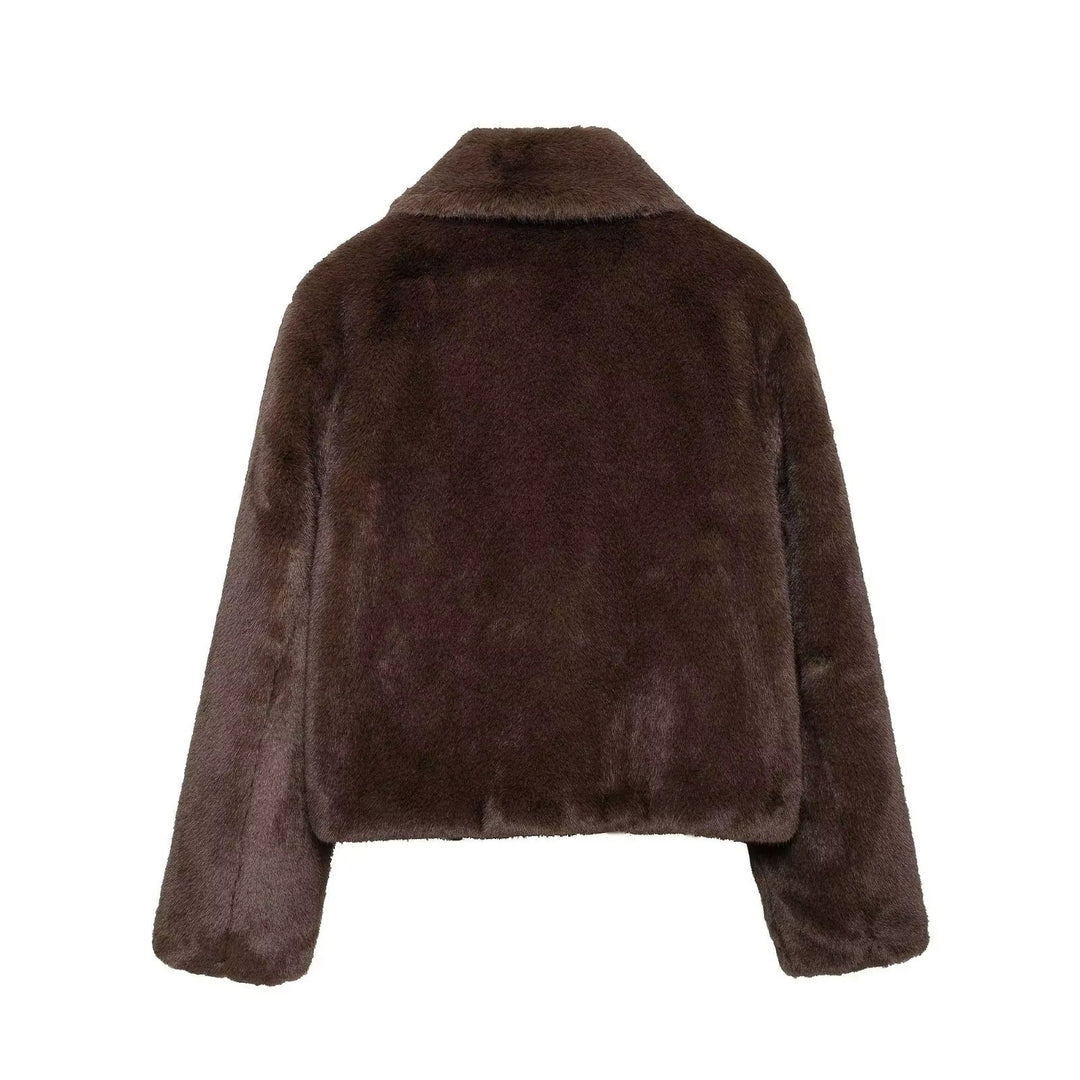 Short Faux Fur Collared Coat dark brown image 9 