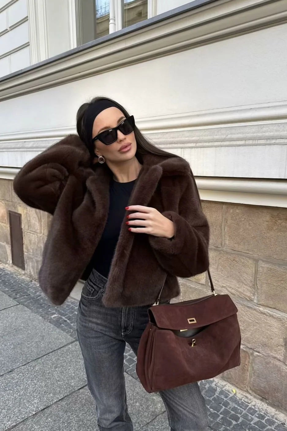 Short Faux Fur Collared Coat dark brown image 3 