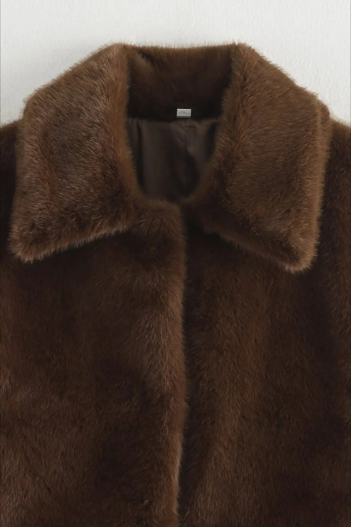 Short Faux Fur Collared Coat dark brown image 7 