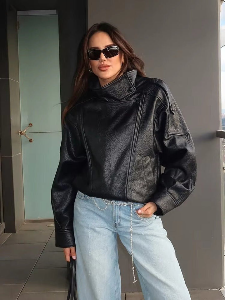 Leather Funnel Neck Jacket black image 8 