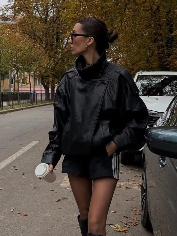Leather Funnel Neck Jacket black image 9 