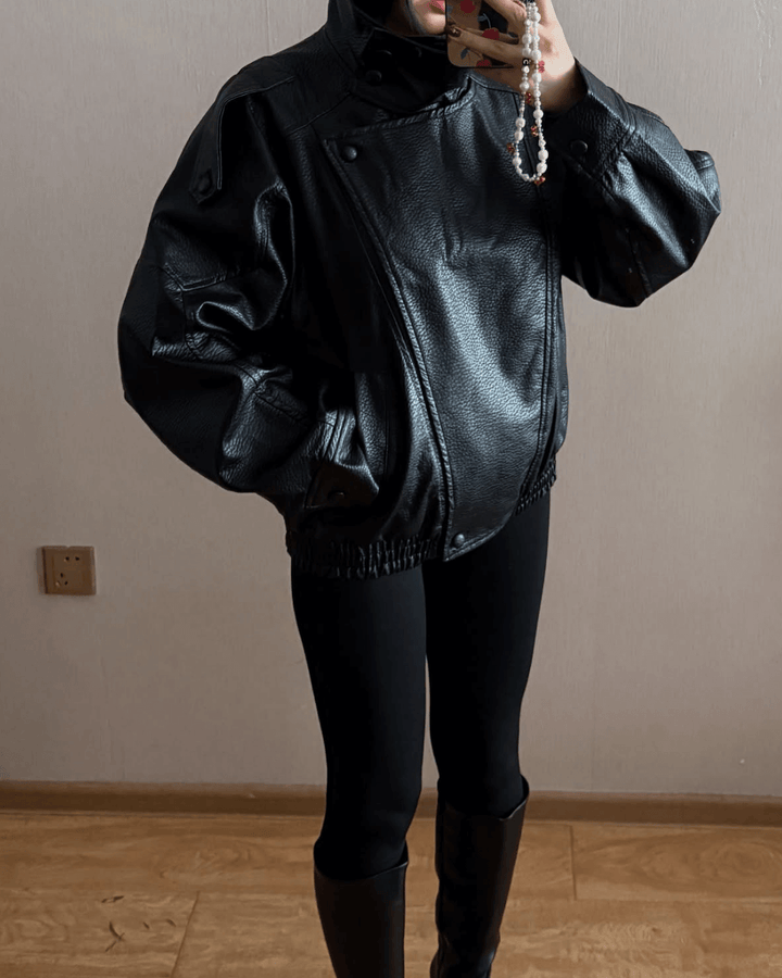 Leather Funnel Neck Jacket black image 5 