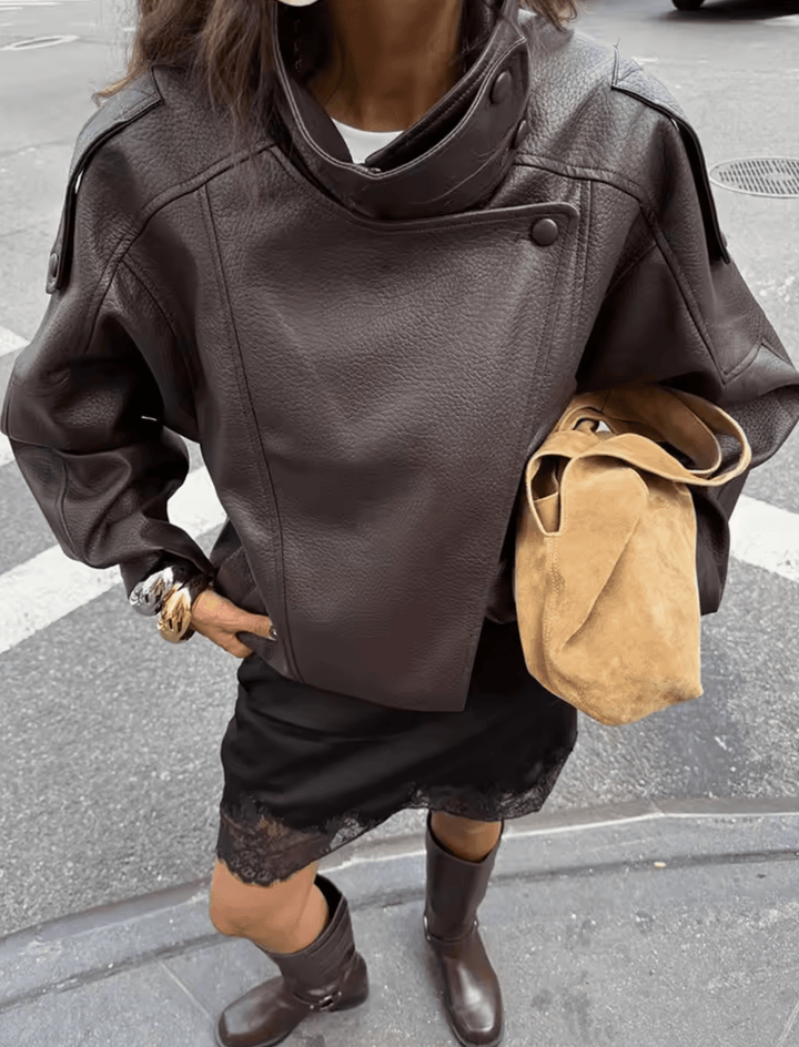 Leather Funnel Neck Jacket brown image 2 