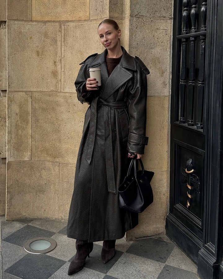 Long Leather Jacket khaki image 3 
