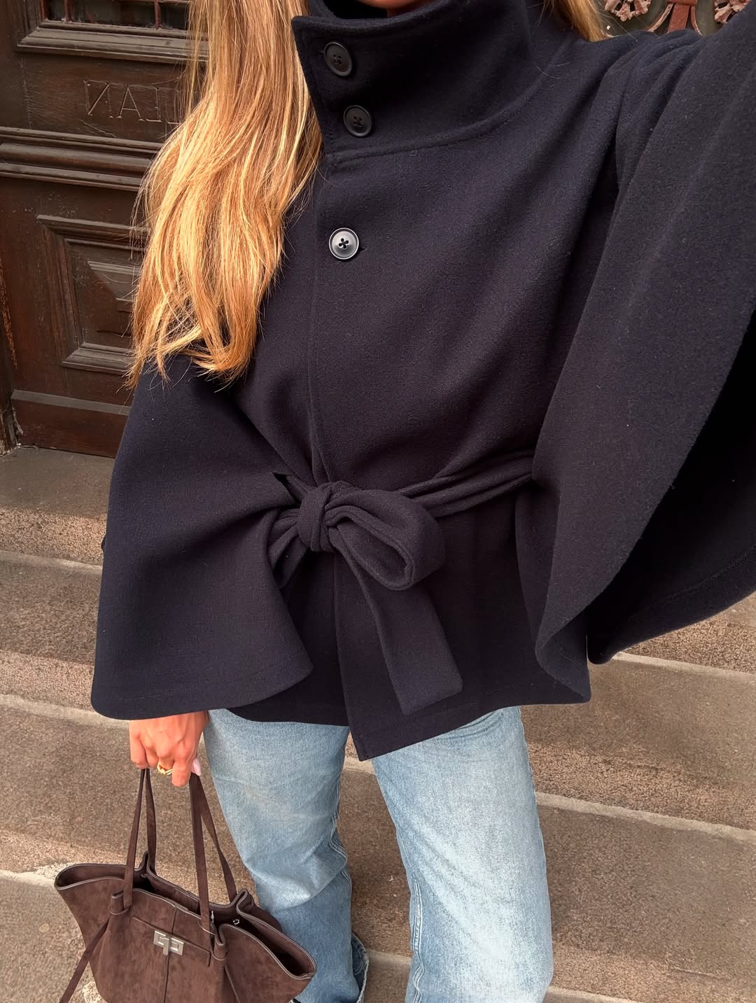 Elegant High-Neck Belted Cape Jacket navy image 2 