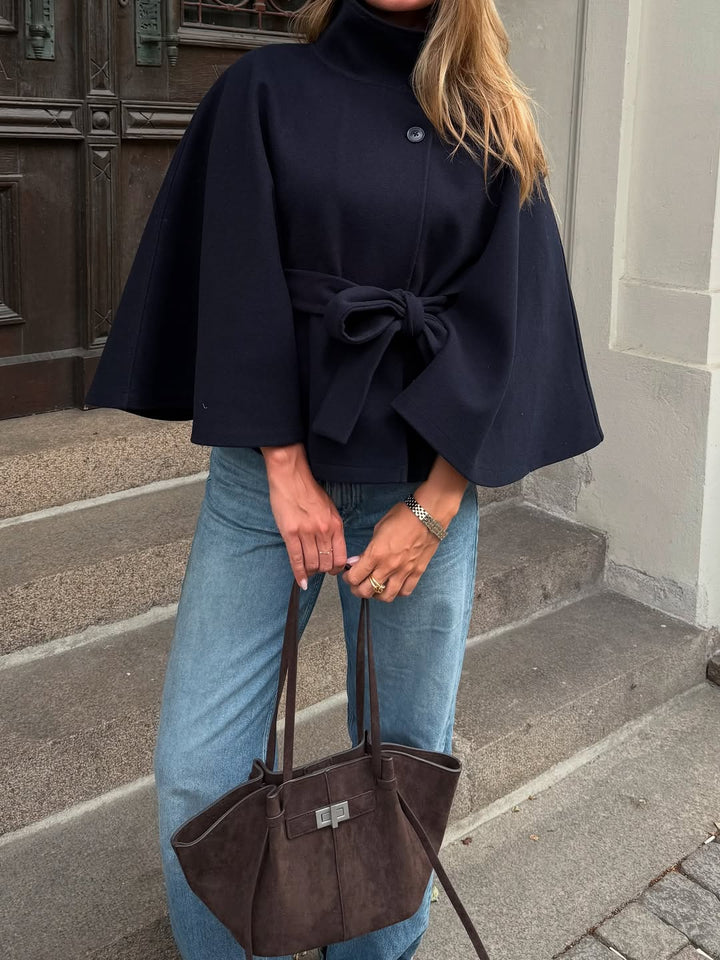 Elegant High-Neck Belted Cape Jacket navy image 1 