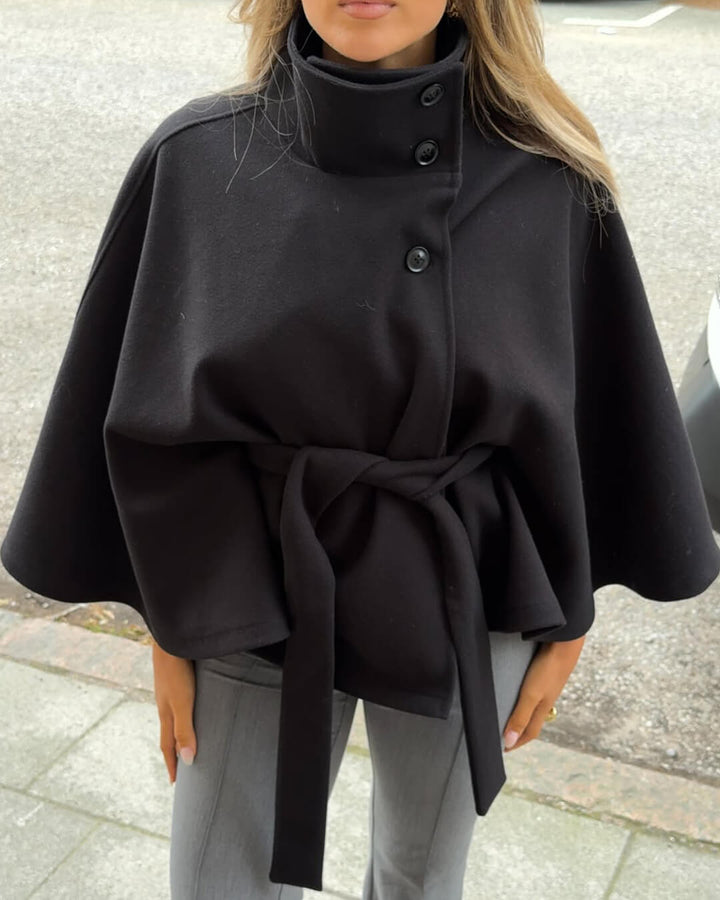 Elegant High-Neck Belted Cape Jacket black image 3 