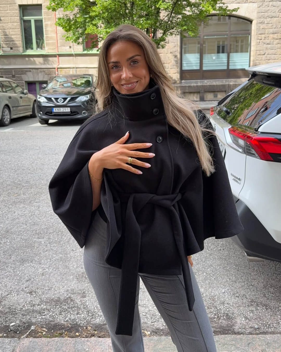 Elegant High-Neck Belted Cape Jacket black image 1 