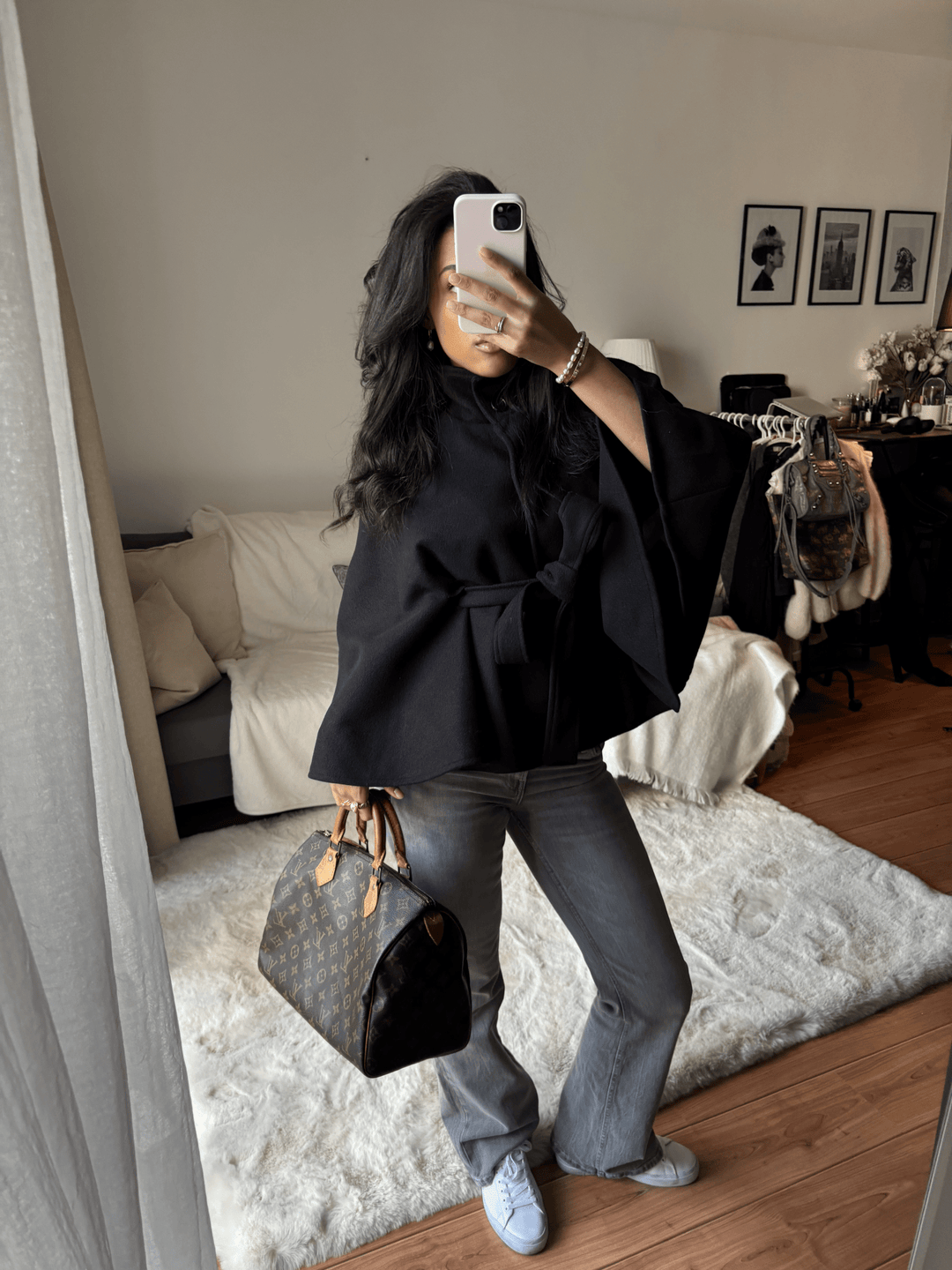 Elegant High-Neck Belted Cape Jacket black image 2 