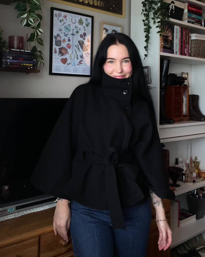 Elegant High-Neck Belted Cape Jacket black image 8 