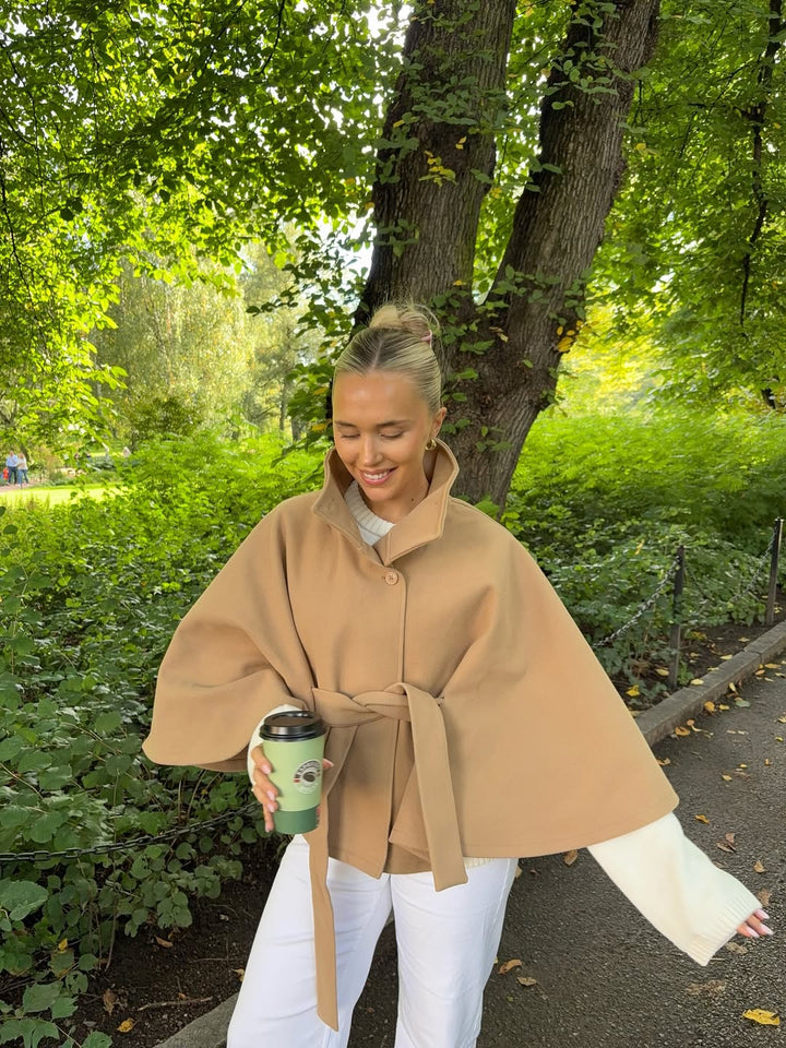 Elegant High-Neck Belted Cape Jacket beige image 1 