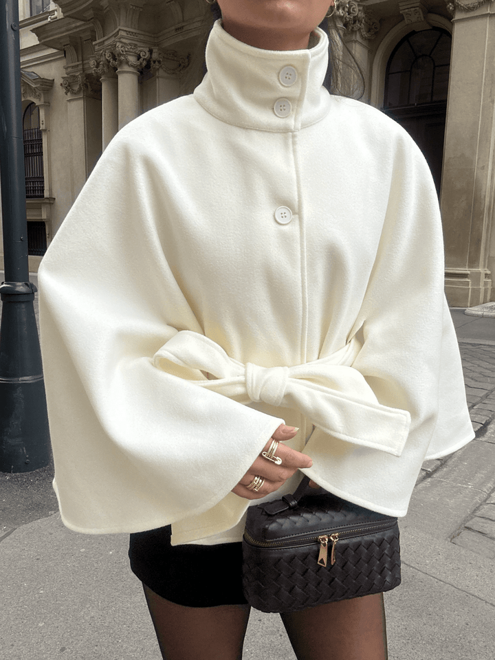Elegant High-Neck Belted Cape Jacket black image 7 