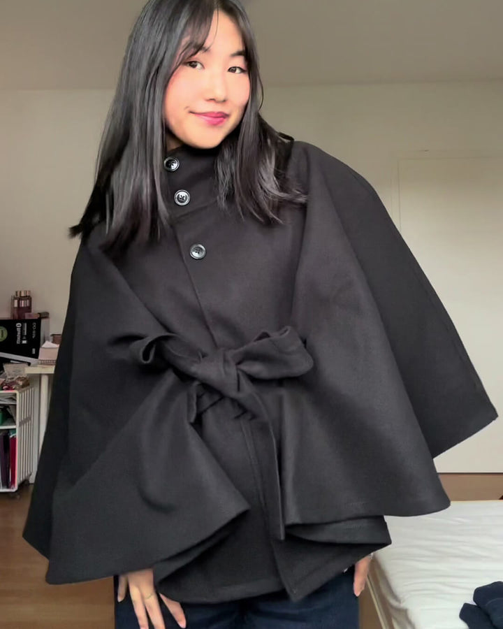 Elegant High-Neck Belted Cape Jacket black image 4 