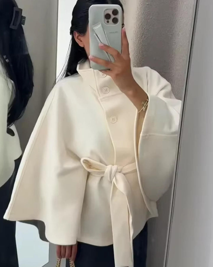 Elegant High-Neck Belted Cape Jacket black image 6 